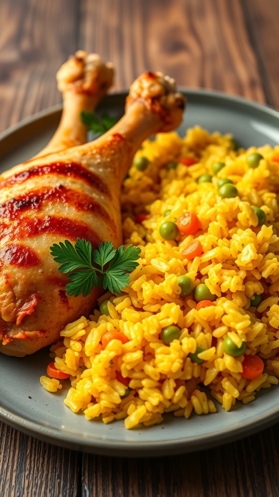 Baked chicken drumsticks with yellow rice and vegetables, garnished with parsley on a rustic table.
